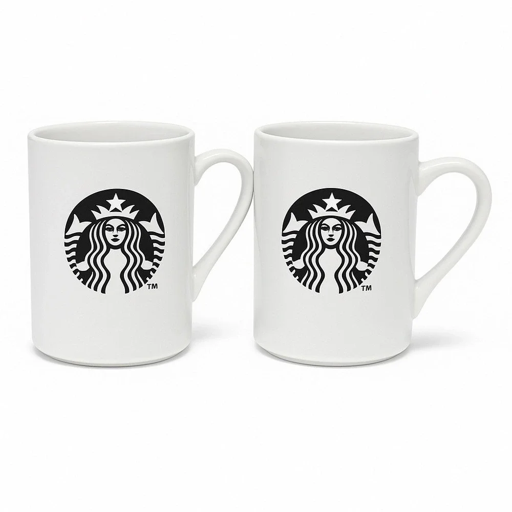Starbucks 2013 White 14 oz 2 Coffee‎ Mugs Cups Classic Logo Black White Pair